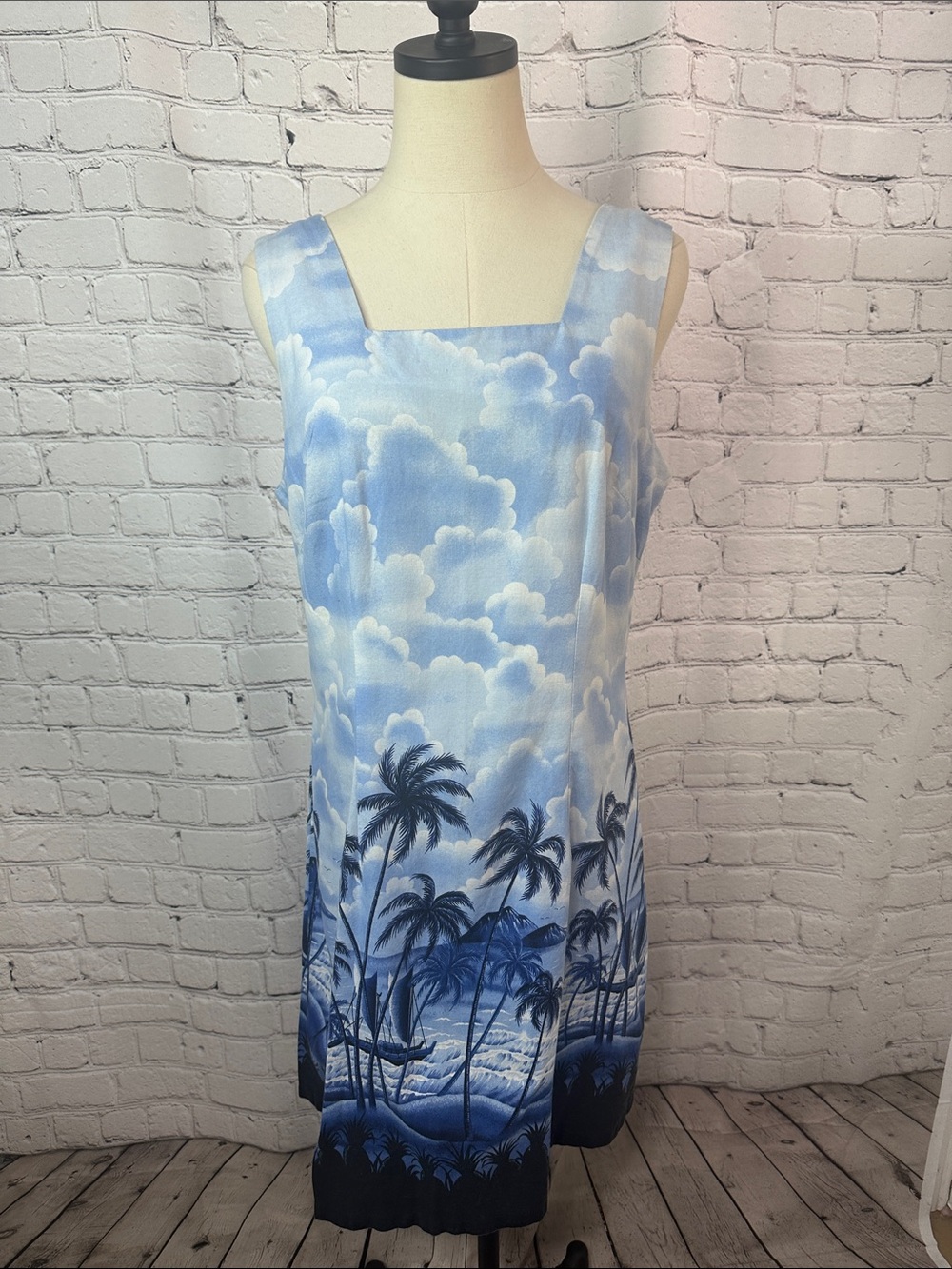 Vintage Shannon Marie Hawaiian Scenic Palm Tree Cotton Dress Made in USA VTG 14